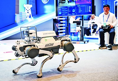  網(wǎng)絡(luò)安全博覽會上的企業(yè)展示電網(wǎng)巡線機器狗。新華社記者 鄧華攝